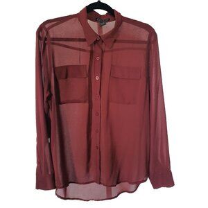 Love Culture Sheer Blouse Size L Burgundy Top Long Sleeve Junior Button Down